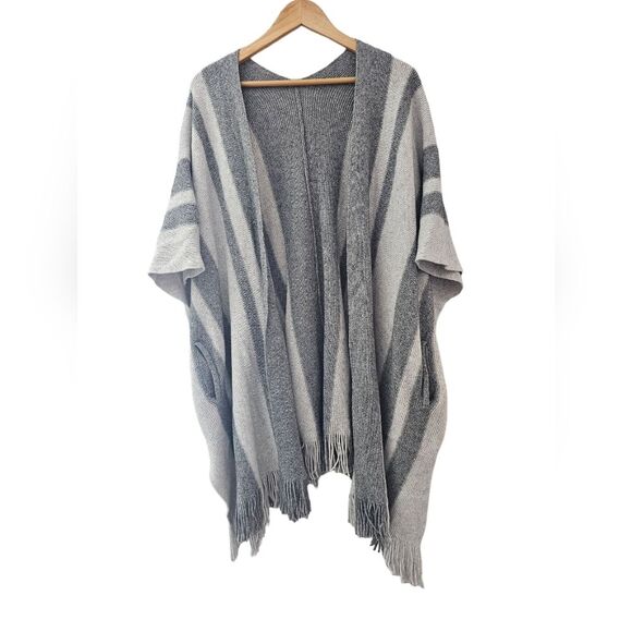 Wool Cotton Cashmere Blend Gray Striped Open Front Long Line Wrap Cozy Boho - Picture 1 of 10